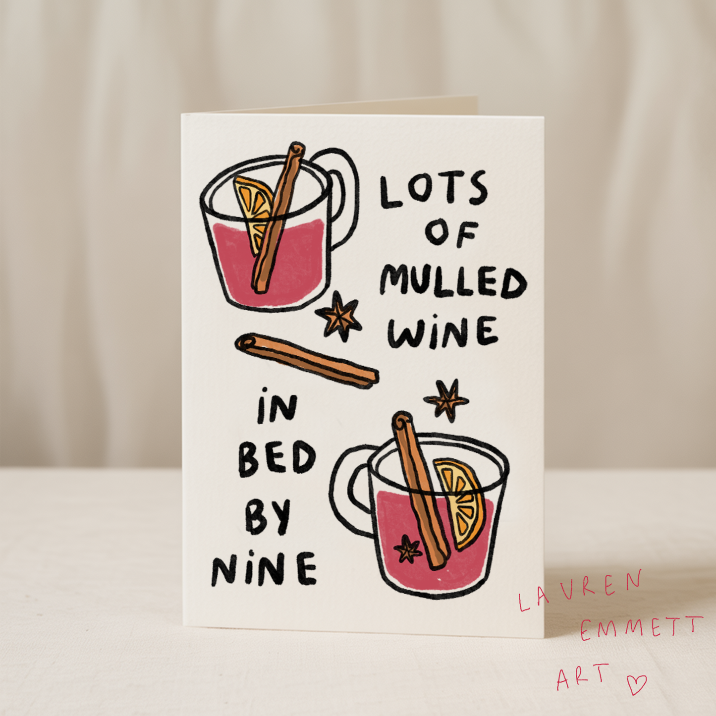 Lots of mulled wine in bed by nine 5x7/A6 card -Collab X LEA: Card Clasp (Plastic Free) / A6